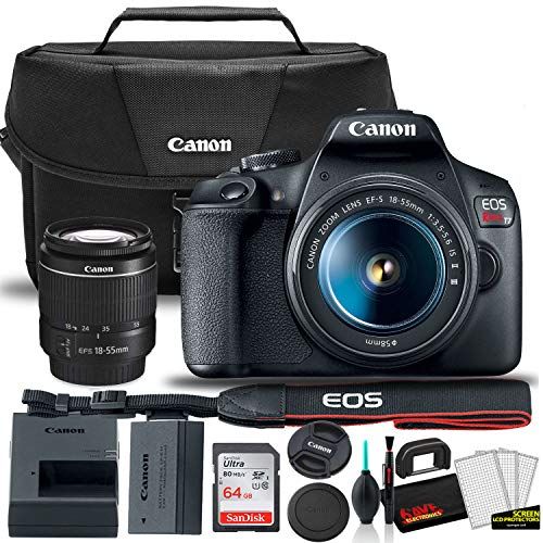 캐논 Canon EOS Rebel T7 DSLR Camera with 18-55mm Lens Starter Bundle + Includes: Canon EOS Bag + Sandisk Ultra 64GB Card + Clean and Care Kit + More