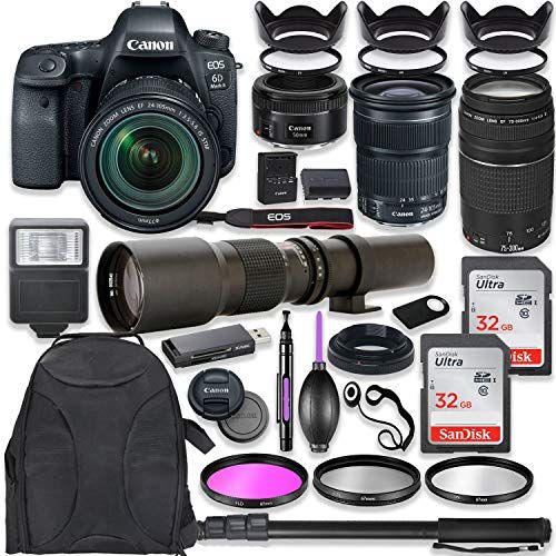 캐논 Canon EOS 6D Mark II DSLR Camera w/ 24-105mm STM Lens Bundle + Canon EF 75-300mm III Lens, Canon 50mm f/1.8 and 500mm Preset Lens + Deluxe Backpack + 64GB Memory + Monopod + Profes