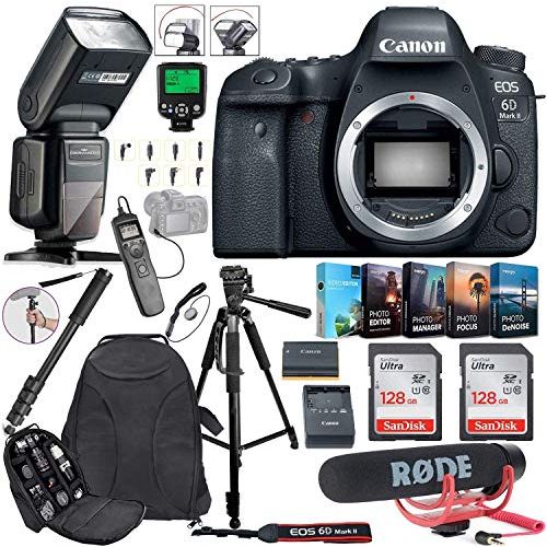 캐논 Canon EOS 6D Mark II DSLR Camera (Body Only) Bundle Includes 2X 128GB Memory, TTL Auto Flash, Backpack, Rode Microphone, Time Remote with LCD, Photo/Video Software Package & More