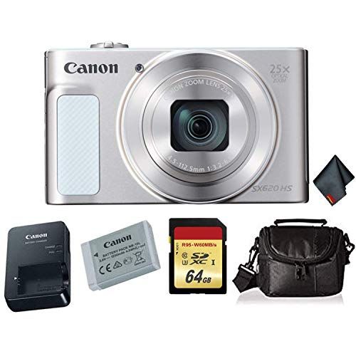 캐논 Canon PowerShot SX620 HS Digital Camera (Silver) Bundle with 2X 32GB Memory Cards + Carrying Case and More -International Version