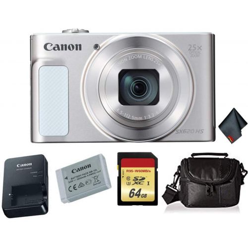 캐논 Canon PowerShot SX620 HS Digital Camera (Silver) Bundle with 2X 32GB Memory Cards + Carrying Case and More -International Version