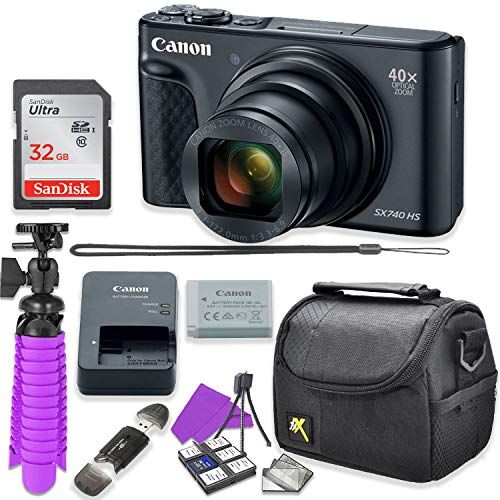 캐논 Canon PowerShot SX740 HS Digital Camera (Black) Accessory Bundle with Flexible Spider Tripod, 32GB Memory, Camera Case and More.