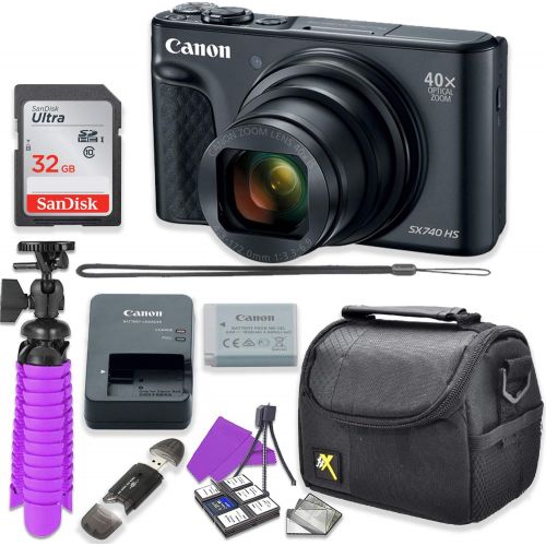 캐논 Canon PowerShot SX740 HS Digital Camera (Black) Accessory Bundle with Flexible Spider Tripod, 32GB Memory, Camera Case and More.