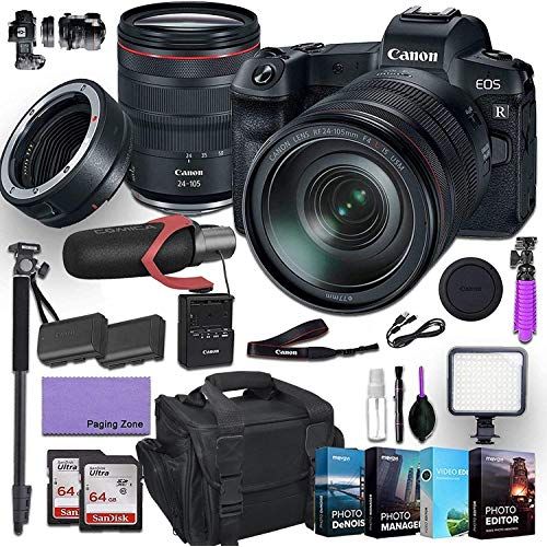 캐논 Canon EOS R Mirrorless Digital Camera with 24-105mm f/4L is USM Lens and Mount Adapter EF-EOS R kit Bundled with Deluxe Accessories (Pro Microphone, 4-Pack Photo Editing Software a