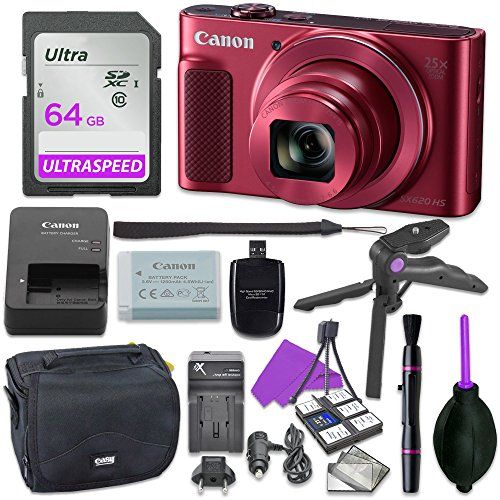캐논 Canon Powershot SX620 Point & Shoot Digital Camera Bundle w/Tripod Hand Grip, 64GB SD Memory, Case and More (Red)