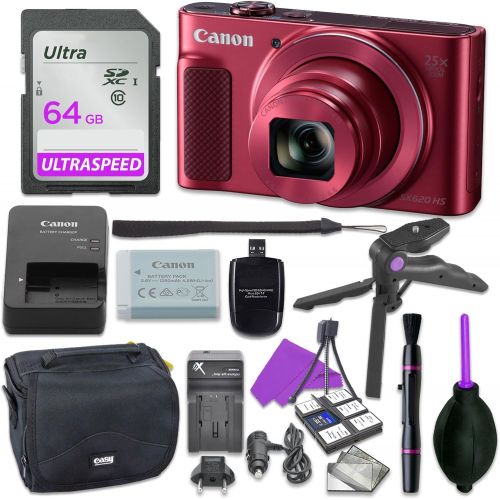 캐논 Canon Powershot SX620 Point & Shoot Digital Camera Bundle w/Tripod Hand Grip, 64GB SD Memory, Case and More (Red)