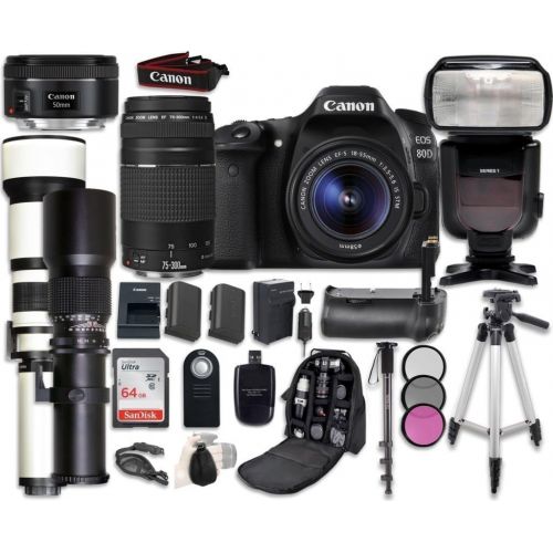 캐논 Canon EOS 80D Digital SLR Camera Bundle with Canon EF-S 18-55mm is STM, 75-300mm III & 50mm f/1.8 STM Lens + 500mm Preset & 650-1300mm Telephoto Lenses + Professional Accessory Bun