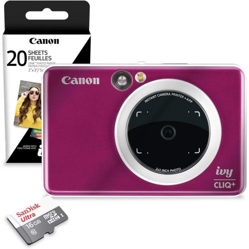 캐논 Canon Ivy CLIQ+ Instant Camera Printer (Ruby Red) + 20 Sheets Photo Paper Pack + 16GB SD Card (USA Warranty)