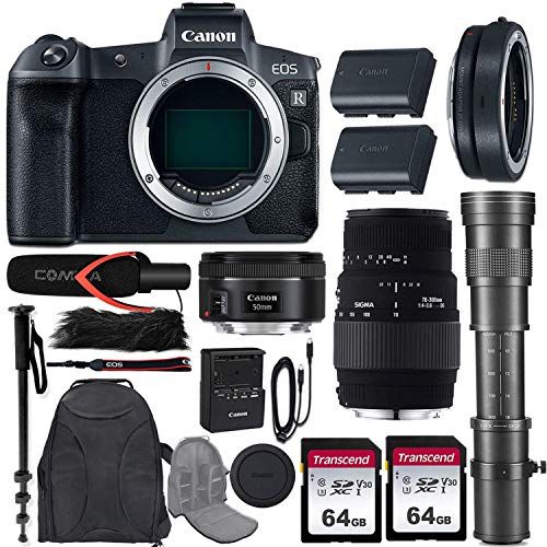 캐논 Canon EOS R Mirrorless Camera w/Extra Canon LP-E6N Battery Pack + 3 Lens Kit (EF 50mm f/1.8 STM + 70-300mm f/4-5.6 DG Macro + 420-800mm Zoom) + Mount Adapter + Pro Accessory Bundle