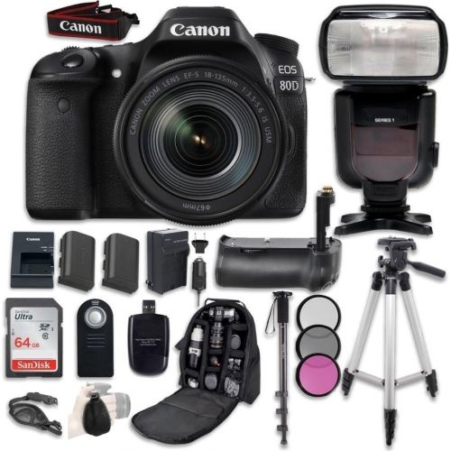 캐논 Canon EOS 80D Digital SLR Camera Bundle with Canon EF-S 18-135mm f/3.5-5.6 is USM Lens + Professional Accessory Bundle (15 Items)