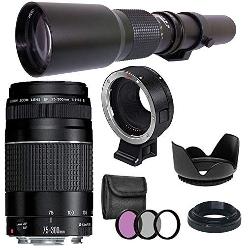 캐논 Canon EF 75-300mm III and 500mm f/8.0 Preset Manual Focus Lens Bundle with EF-EOS M Adapter, for Canon EOS M , M50, M6, M5, M100, M10 Cameras