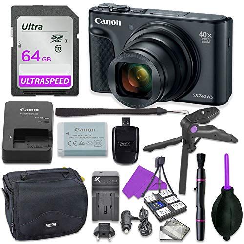 캐논 Canon PowerShot SX740 Digital Camera Bundle (Black) with Tripod Hand Grip, 64GB SD Memory, Case and More