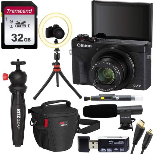 캐논 Canon G7 X Mark III Bloggers Bundle with Ring Light, Transcend 32GB Memory Card, Tripod, Microphone, Lens Cleaning Pen, Card Reader, Camera Bag, and HDMI Cable