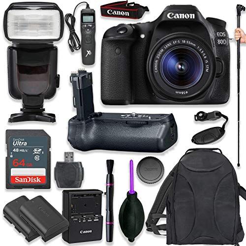 캐논 Canon EOS 80D Digital SLR Kit with EF-S 18-55mm f/3.5-5.6 Image Stabilization STM Lens (Black) with Pro Battery Grip, Professional TTL Flash, Deluxe Backpack, Spare LP-E6 Battery (
