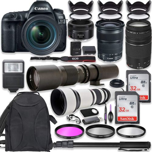 캐논 Canon EOS 5D Mark IV DSLR Camera w/ 24-105mm STM Lens + Canon EF 75-300mm III Lens, Canon 50mm f/1.8, 500mm Lens & 650-1300mm Lens + Deluxe Backpack + 64GB Memory + Monopod + Profe