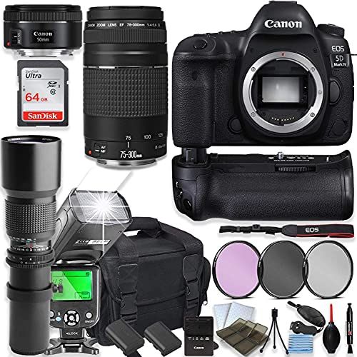 캐논 Canon EOS 5D Mark IV DSLR Camera with Canon 75-300mm Lens?and 50mm Lens + 500mm Preset Telephoto Lens + 64GB Memory + Camera Case + 2 Batteries + Power Battery Grip + Professional
