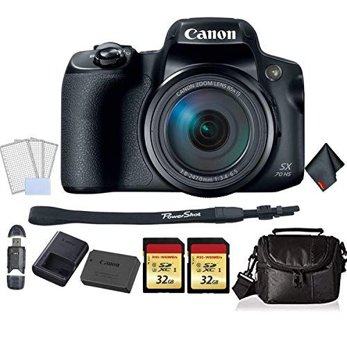 캐논 Canon PowerShot SX70 HS Digital Camera Bundle with 2X 32GB Memory Cards + SD Card USB Reader + LCD Screen Protectors and More -International Version