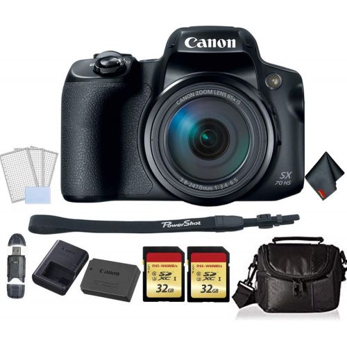 캐논 Canon PowerShot SX70 HS Digital Camera Bundle with 2X 32GB Memory Cards + SD Card USB Reader + LCD Screen Protectors and More -International Version