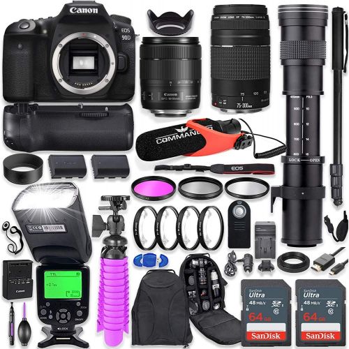 캐논 Canon EOS 90D DSLR Camera Kit with Canon 18-135mm & 75-300mm Lenses + 420-800mm Telephoto Zoom Lens + Battery Grip + TTL Flash (Upto 180 Ft) + Commander Microphone + 128GB Memory +