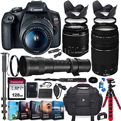 캐논 Canon EOS Rebel T7 DSLR Camera with 18-55mm is II Lens + Canon EF 75-300mm III and 420-800mm Preset Zoom Lens + 128GB Memory + Filters + Editing Software + Spider Flex Tripod + Pro