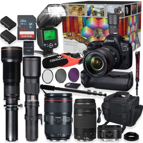 캐논 Canon EOS 5D Mark IV DSLR Camera 5 Lens Professional Bundle with Canon 24-105mm USM, 50mm f/1.8 & 75-300mm Lenses + 500mm & 650-1300mm Preset Telephoto Summer Special Wildlife Bund