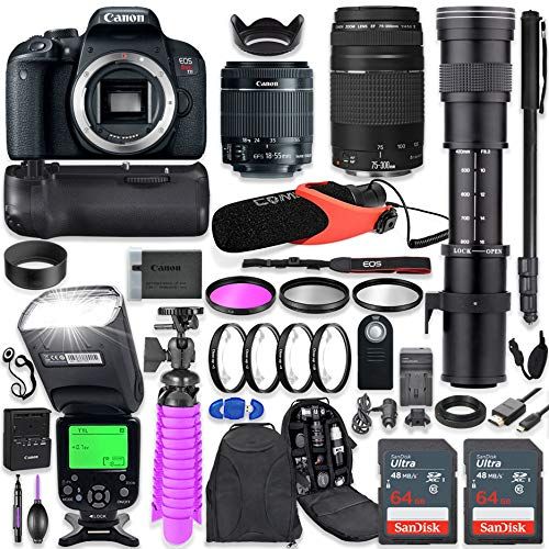 캐논 Canon EOS Rebel T7i DSLR Camera Kit with Canon 18-55mm & 75-300mm Lenses + 420-800mm Telephoto Zoom Lens + Battery Grip + TTL Flash (Upto 180 Ft) + Comica Microphone + 128GB Memory