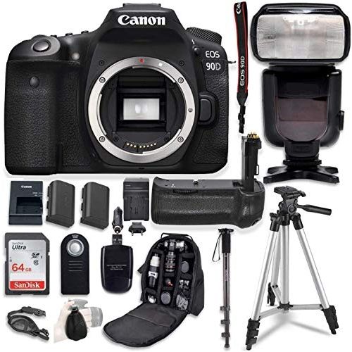 캐논 Canon EOS 90D Digital SLR Camera Bundle (Body Only) with Battery Grip & Professional Accessory Bundle (15 Items)