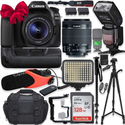 캐논 Canon EOS 80D DSLR Camera w/Canon 18-55mm STM Lens Kit + Pro Photo & Video Accessories Including 128GB Memory, Speedlight TTL Flash, Battery Grip, LED Light, Condenser Micorphone,