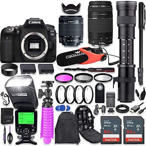 캐논 Canon EOS 90D DSLR Camera Kit with Canon 18-55mm & 75-300mm Lenses + 420-800mm Telephoto Zoom Lens + TTL Flash (Upto 180 Ft) + Commander Microphone + 128GB Memory + Accessory Bundl