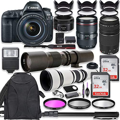 캐논 Canon EOS 5D Mark IV DSLR Camera w/ 24-105mm USM Lens Bundle + Canon EF 75-300mm III Lens, Canon 50mm f/1.8, 500mm Lens & 650-1300mm Lens + Backpack + 64GB Memory + Monopod + Profe