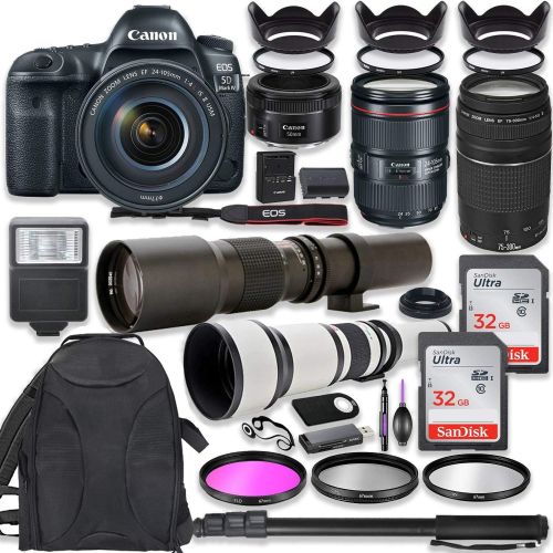 캐논 Canon EOS 5D Mark IV DSLR Camera w/ 24-105mm USM Lens Bundle + Canon EF 75-300mm III Lens, Canon 50mm f/1.8, 500mm Lens & 650-1300mm Lens + Backpack + 64GB Memory + Monopod + Profe