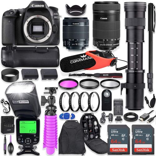 캐논 Canon EOS 80D DSLR Camera Kit with Canon 18-55mm & 55-250 STM Lenses + 420-800mm Telephoto Zoom Lens + Battery Grip + TTL Flash (Upto 180ft) + Commander Microphone + 128GB Memory +