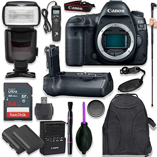 캐논 Canon EOS 5D Mark IV Digital SLR Camera Body with Pro Camera Battery Grip, Professional TTL Flash, Deluxe Backpack, Universal Timer Remote Control, Spare LP-E6 Battery (16 Items)