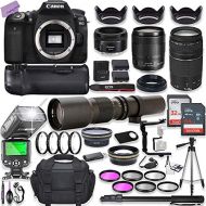 Canon EOS 90D DSLR Camera w/ 18-135mm Lens Bundle + Canon 75-300mm III Lens, Canon 50mm f/1.8 & 500mm Preset Lens + Case + 96GB Memory + Battery Grip + Speedlight Flash + Professio