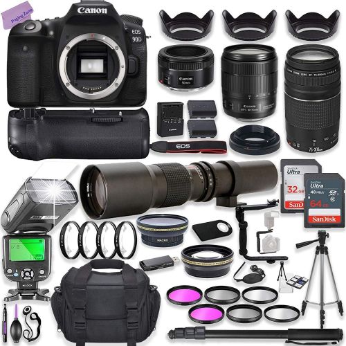 캐논 Canon EOS 90D DSLR Camera w/ 18-135mm Lens Bundle + Canon 75-300mm III Lens, Canon 50mm f/1.8 & 500mm Preset Lens + Case + 96GB Memory + Battery Grip + Speedlight Flash + Professio