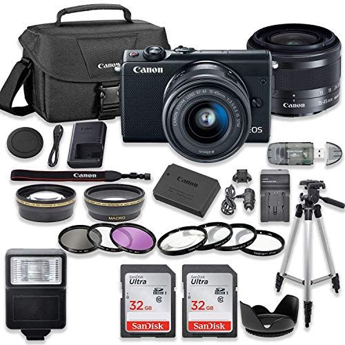 캐논 Canon EOS M100 Mirrorless Digital Camera (Black) Bundle with Canon EF-M 15-45mm f/3.5-6.3 is STM Lens, 2pc SanDisk 32GB Cards and Accessory Kit.