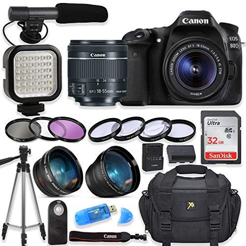 캐논 Canon EOS 80D Digital SLR Camera with Canon EF-S 18-55mm f/3.5-5.6 is STM Lens + Video LED Light + Shotgun Microphone + Sandisk 32GB SDHC Memory Card, Camera Bag (Complete Video Bu