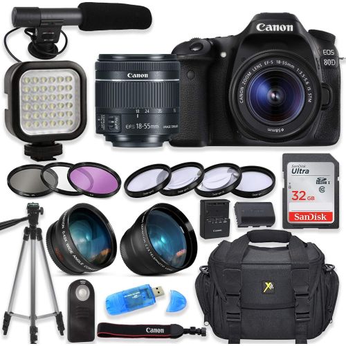 캐논 Canon EOS 80D Digital SLR Camera with Canon EF-S 18-55mm f/3.5-5.6 is STM Lens + Video LED Light + Shotgun Microphone + Sandisk 32GB SDHC Memory Card, Camera Bag (Complete Video Bu