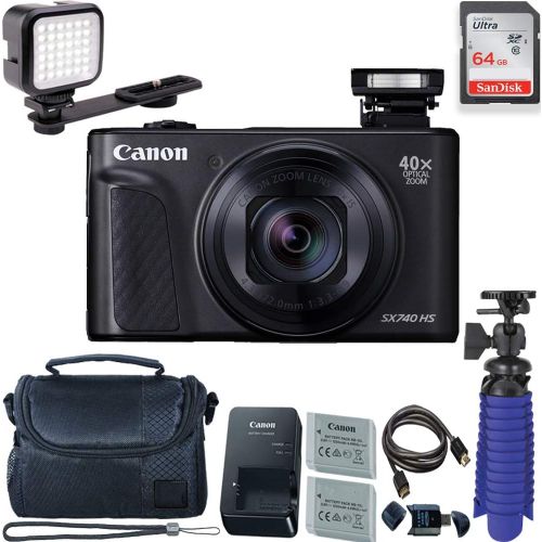 캐논 Canon PowerShot SX740 HS Digital Camera (Black) with 64 GB Card + LED Compact On-Camera Light + Premium Camera Case + 2 Batteries + Tripod