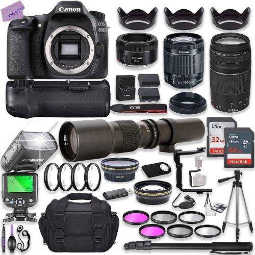 캐논 Canon EOS 80D DSLR Camera w/ 18-55mm Lens Bundle + Canon 75-300mm III Lens, Canon 50mm f/1.8 & 500mm Preset Lens + Battery Grip + Deluxe Case + 96GB Memory + Speedlight Flash + Pro