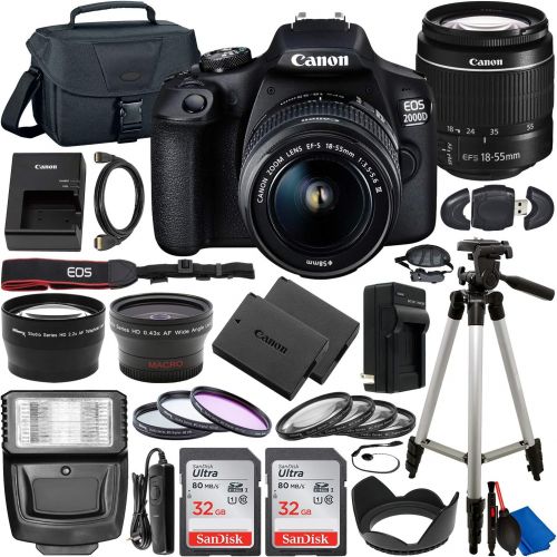 캐논 Canon EOS 2000D (Rebel T7) DSLR Camera with EF-S 18-55mm f/3.5-5.6 DC III Lens & Deluxe Accessory Bundle ? Includes: 2x SanDisk Ultra 32GB SDHC Memory Card, Extended Life Battery,