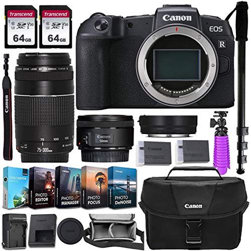 캐논 Canon EOS RP Mirrorless Camera w/Mount Adapter + Portrait - Canon EF 50mm STM & Telephoto - Canon EF 75-300mm III Lens Kit + Valued Accessory Bundle