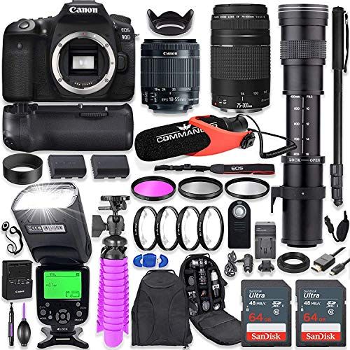 캐논 Canon EOS 90D DSLR Camera Kit with Canon 18-55mm & Canon 75-300mm Lenses + 420-800mm Telephoto Zoom Lens + Battery Grip + TTL Flash (Upto 180 Ft) + Commander Microphone + 128GB Mem