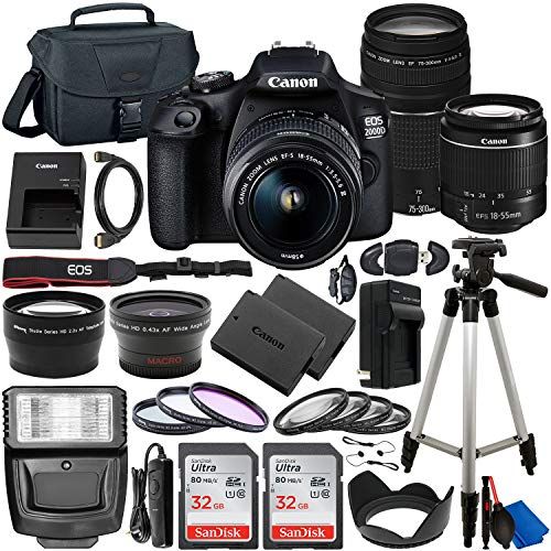 캐논 Canon EOS 2000D (Rebel T7) DSLR Camera with EF-S 18-55mm DC III & 75-300mm III Lenses & Deluxe Accessory Bundle ? Includes: 2X SanDisk Ultra 32GB SDHC Memory Card, Spare Battery, C