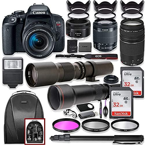 캐논 Canon EOS Rebel T7i DSLR Camera with 18-55mm Lens Bundle + Canon EF 75-300mm III Lens, Canon 50mm f/1.8, 500mm Lens & 650-1300mm Lens + Backpack + 64GB Memory + Monopod + Professio