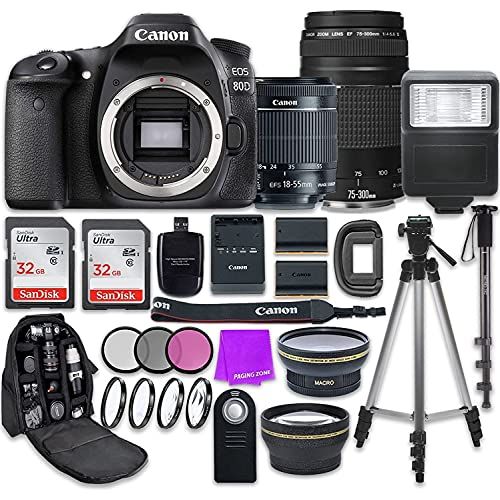 캐논 Canon EOS 80D 24.2MP CMOS Full HD Wi-Fi Enabled Digital SLR Camera with Canon EF-S 18-55mm is STM Lens + Canon 75-300mm III Lens + Accessory Bundle