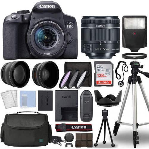 캐논 Canon-International, EOS 850D Rebel T8i Digital SLR Camera 18-55mm Lens 3 Lens DSLR Kit with Complete Accessory Bundle 128GB - International Model