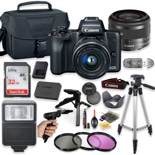 캐논 Canon EOS M50 Mirrorless Digital Camera (Black) with 15-45mm STM Lens + Deluxe Accessory Bundle Including Sandisk 32GB Card, Canon Case, Flash, Grip Multi Angle Tripod, 50 Tripod,