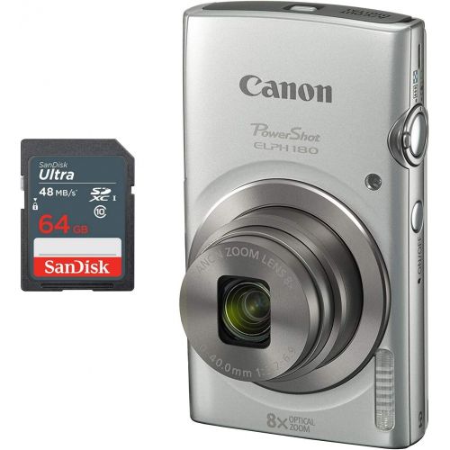 캐논 Canon PowerShot ELPH 180 Digital Camera + 64 GB Memory Card (Silver)
