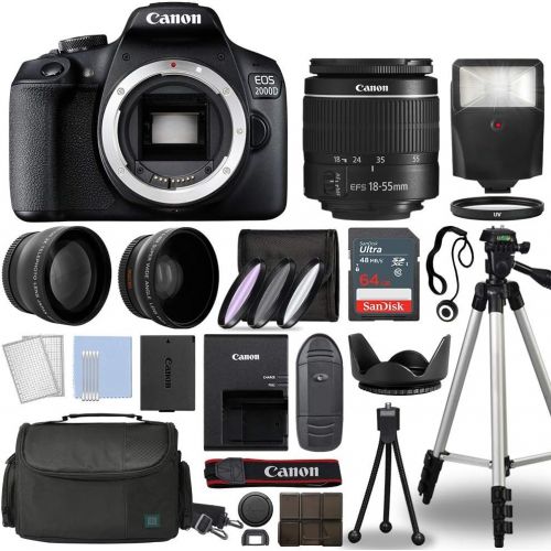 캐논 Canon EOS 2000D / Rebel T7 Digital SLR Camera Body w/Canon EF-S 18-55mm f/3.5-5.6 Lens 3 Lens DSLR Kit Bundled with Complete Accessory Bundle + 64GB + Flash + Case & More - Interna